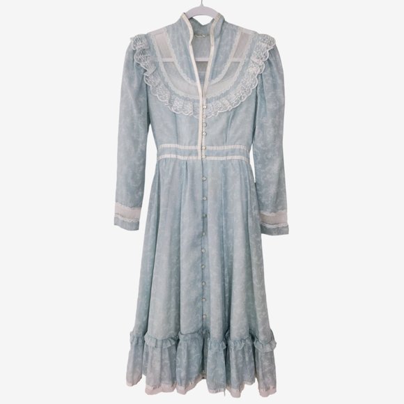 1970s Gunne Sax Blue Floral Victorian Mock Neck Button Down Prairie Dress - Picture 1 of 16